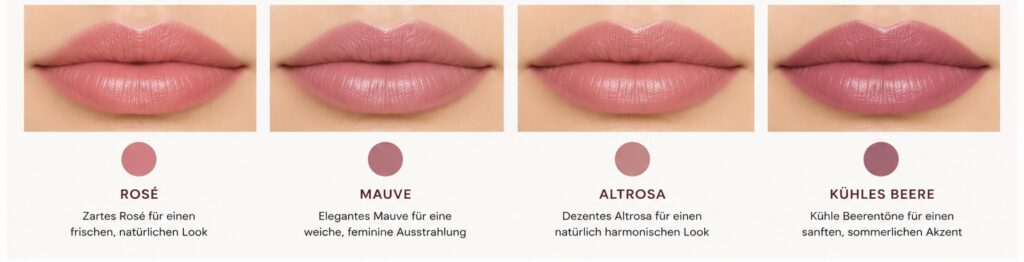 Lippenfarben für den Sommertyp im Vergleich: Rosè, Mauve, Altrosa und kühles Beere für ein harmonisches und typgerechtes Make-up