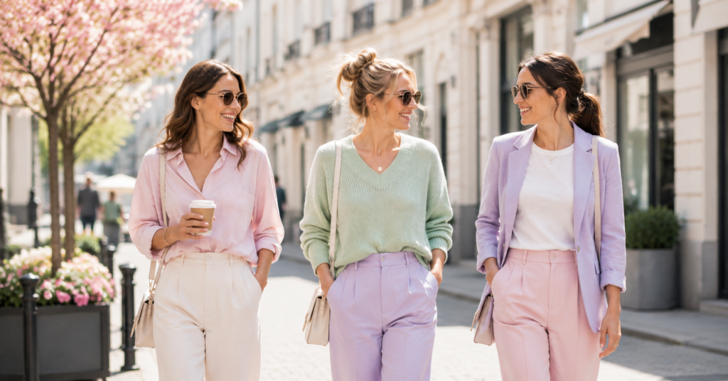 Drei Frauen tragen Pastellfarben im Alltag und kombinieren zarte Rosa-, Flieder- und Minttöne in modernen Frühlingsoutfits