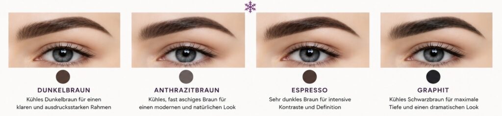 Augenbrauenfarben für den Wintertyp im Vergleich: Dunkelbraun, Anthrazitbraun, Espresso und Graphit für eine ausdrucksstarke und kontrastreiche Wirkung.