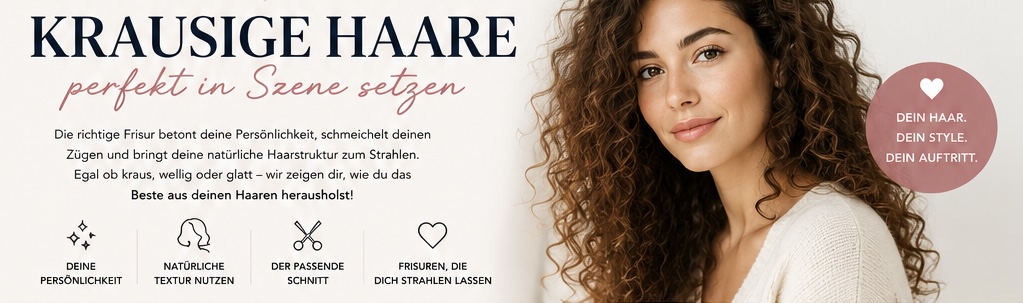 Frau mit langen, natürlichen Locken und krausigem Haar. Informationsgrafik mit Tipps für die passende Frisur und optimale Betonung der Haarstruktur.