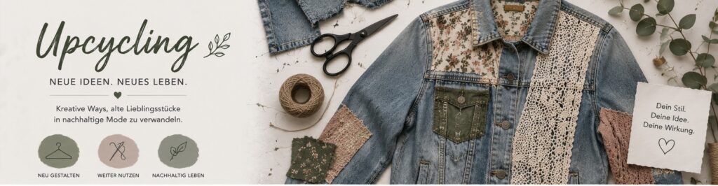 Upcycling von Kleidung mit Jeansjacke, Stoffresten und Nähzubehör zur kreativen Neugestaltung nachhaltiger Mode.